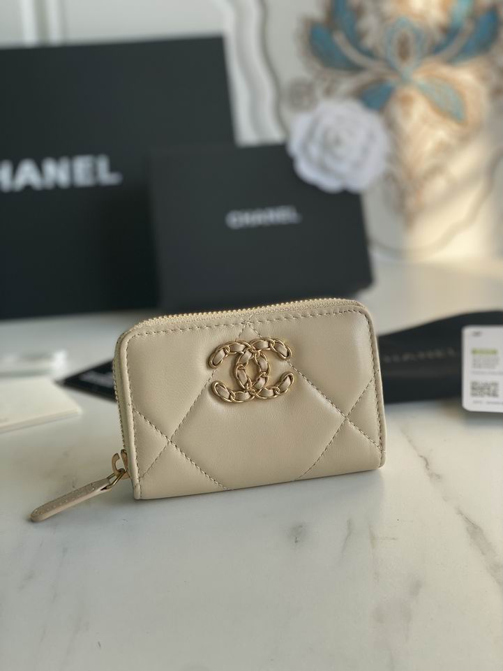 CHANEL Metallic Goatskin Quilted Chanel 19 Zip Around Coin Purse Wallet  Silver, FASHIONPHILE
